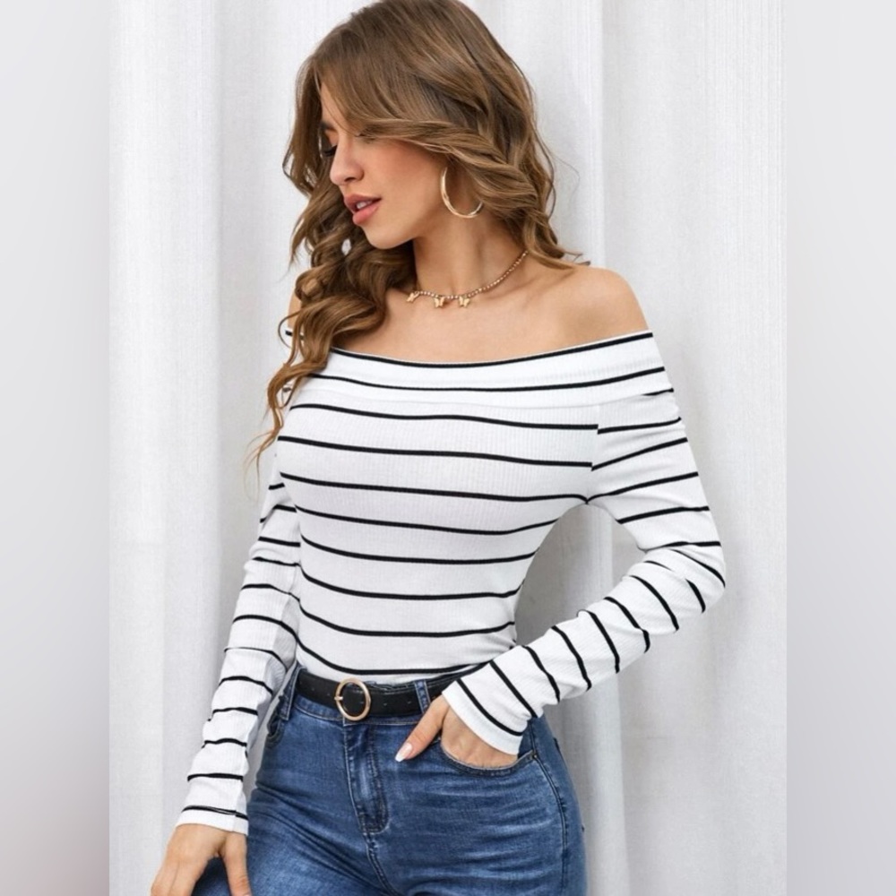 Womens long sleeve off the shoulder striped top